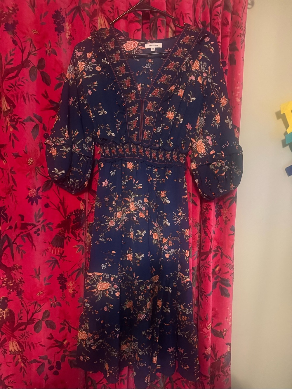 Max Studio Navy Floral Midi Dress with Rust and Cream Blooms
